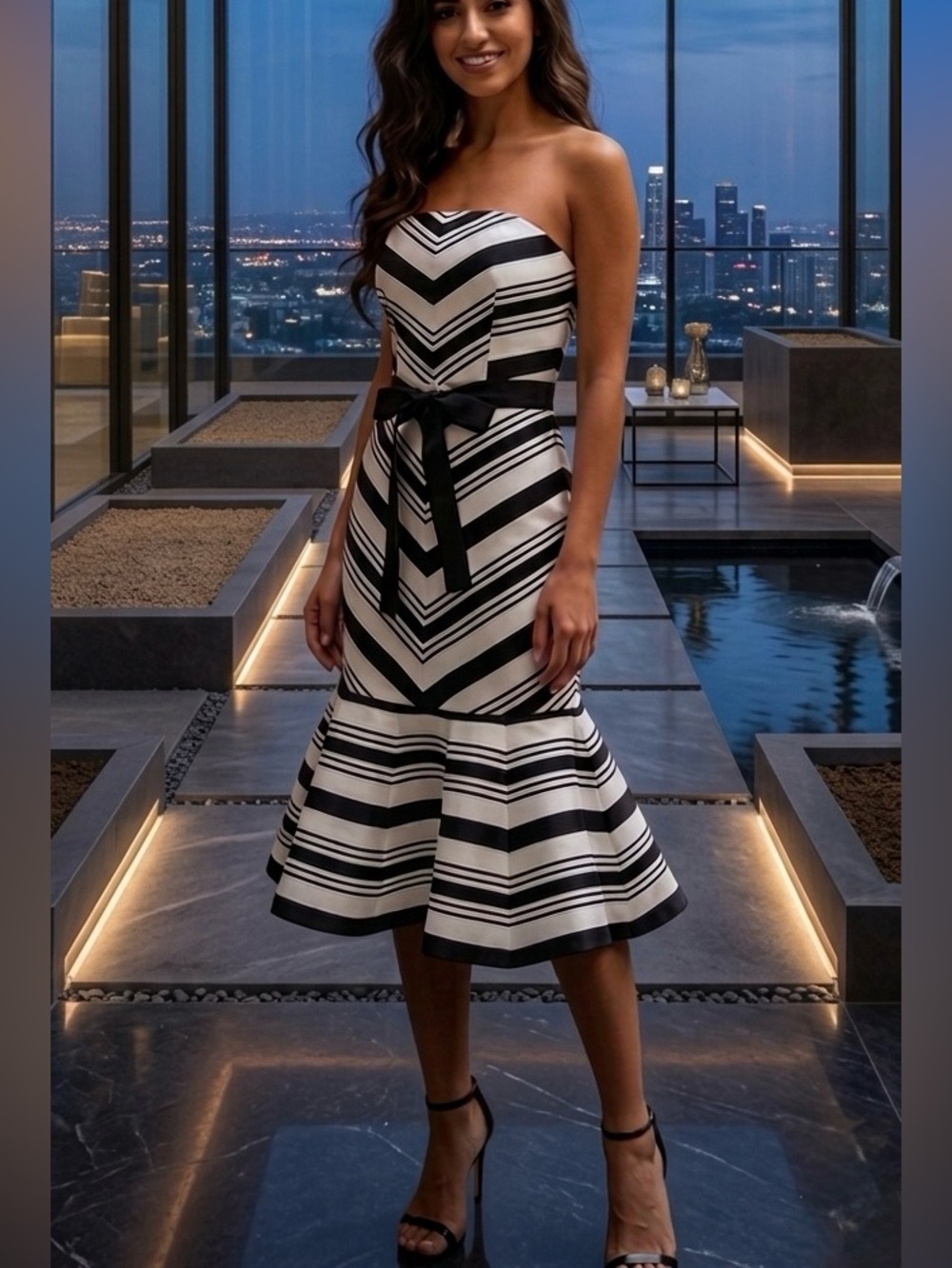 Alexis Black and White Strapless Striped Midi Dress with Ribbon belt size XS